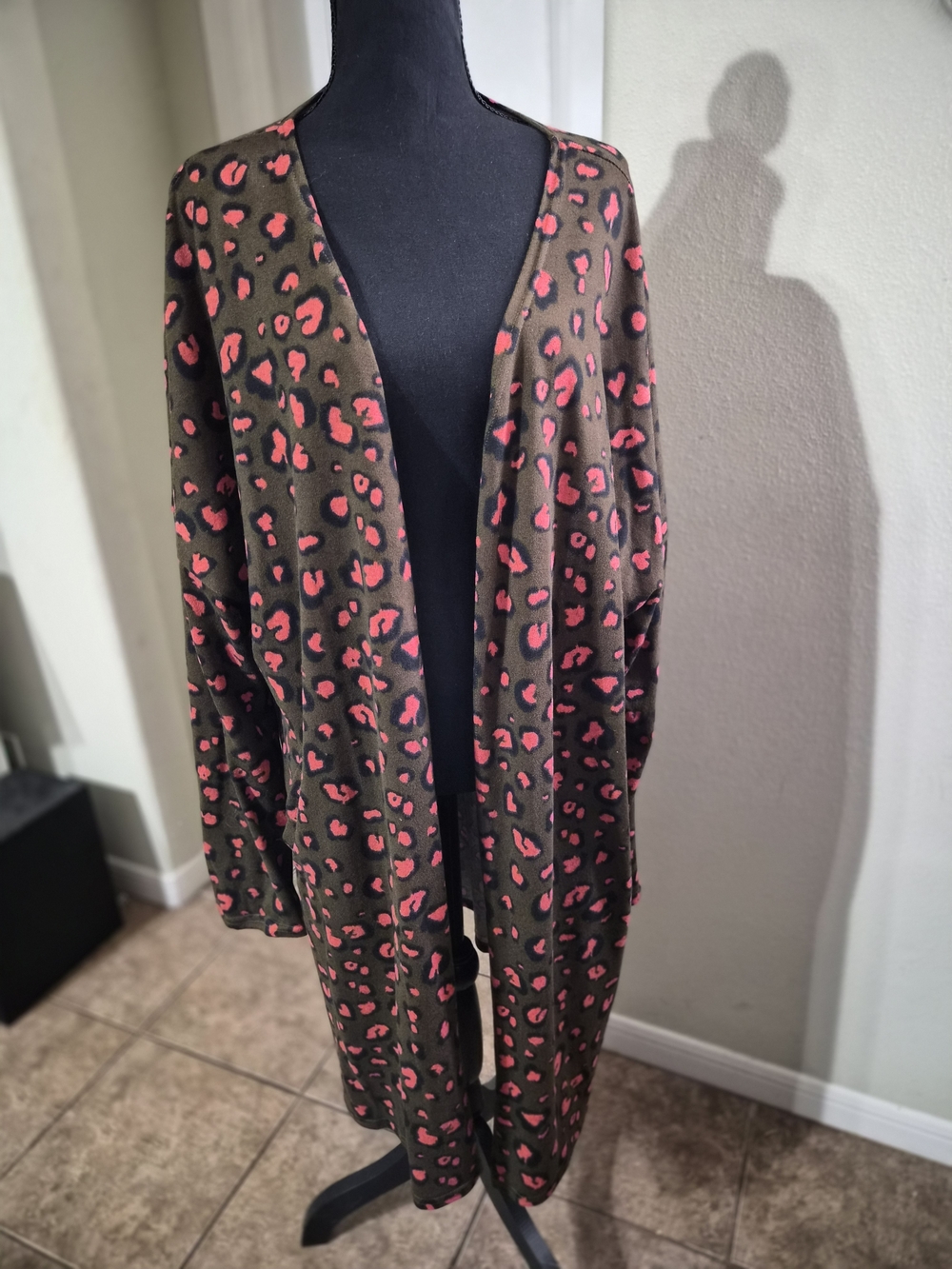 Long Brown Cardigan with Pink Leopard Print